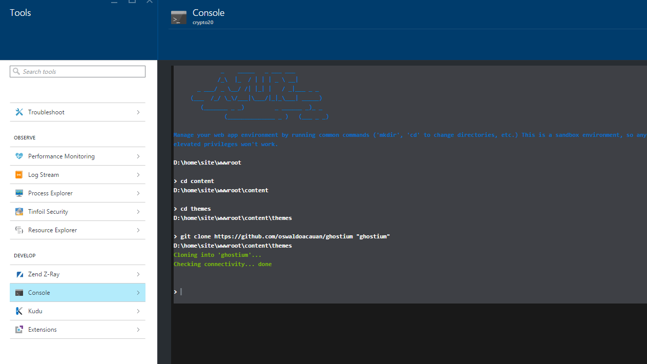 Using the console to clone a github repository